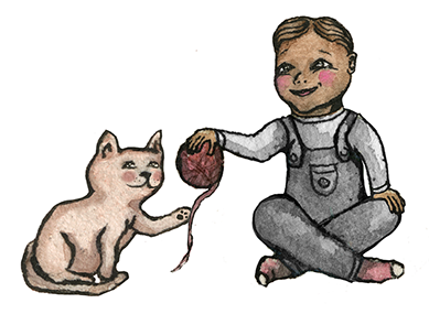 Boy playing with cat, illustration by Erinn Acland